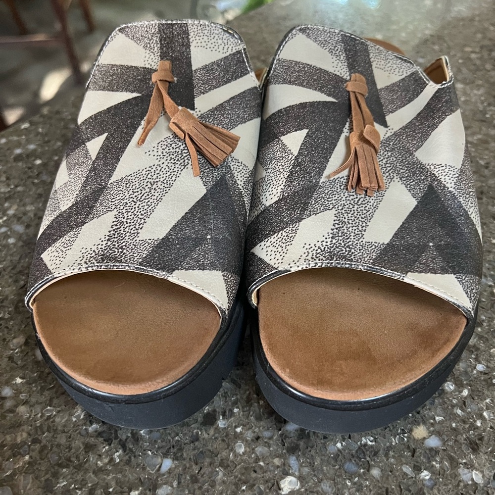 Goby Black and White Slip On Sandals with Tassels. Hippie Cottagecore Boho